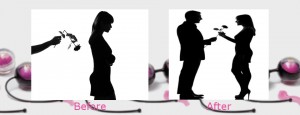 Two images of a man presenting a flower to a woman.  The background is slightly blurred series of kegel balls.